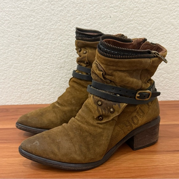 AS 98 Hercegovina Olive Brown Suede Leather Pointy Toe Ankle Boots Size 38 7.5-8
